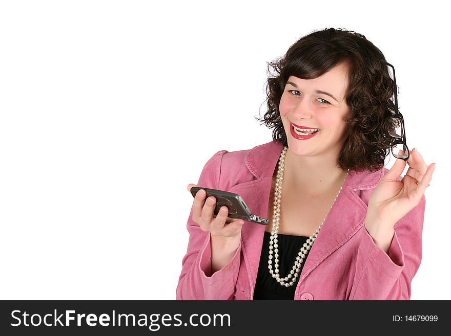 Friendly business woman holding her phone and spectacles