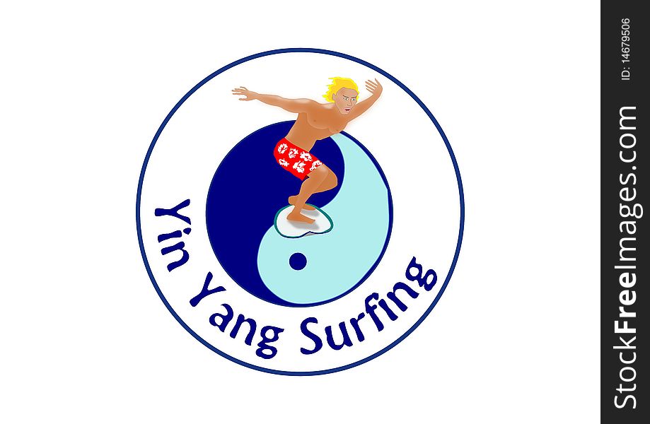 Illustration of a blond surfer in red short surfing a yin-yang logo like a wave. Illustration of a blond surfer in red short surfing a yin-yang logo like a wave