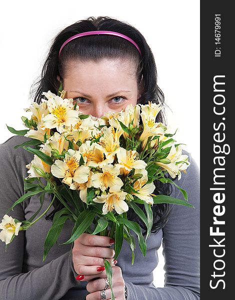 Happy beauty woman with yellow flowers (isolated on a white)