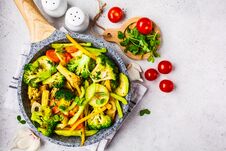 Fried Broccoli, Peppers, Corn, Zucchini And Tomatoes In Pan On A White Background Stock Photos