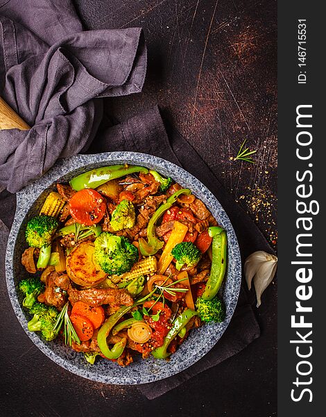 Fried Beef Stroganoff With Potatoes And Vegetables In A Pan, Top View