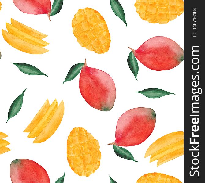 Watercolor pattern with mango, mango slices and leaves on a white background