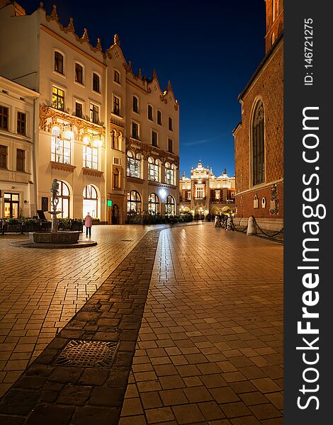 Old Town at Night in City of Krakow
