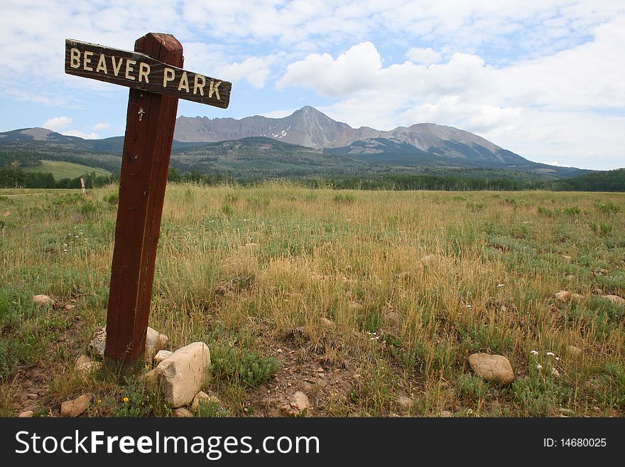 Sign and landscape, Beaver Park, Colorado.