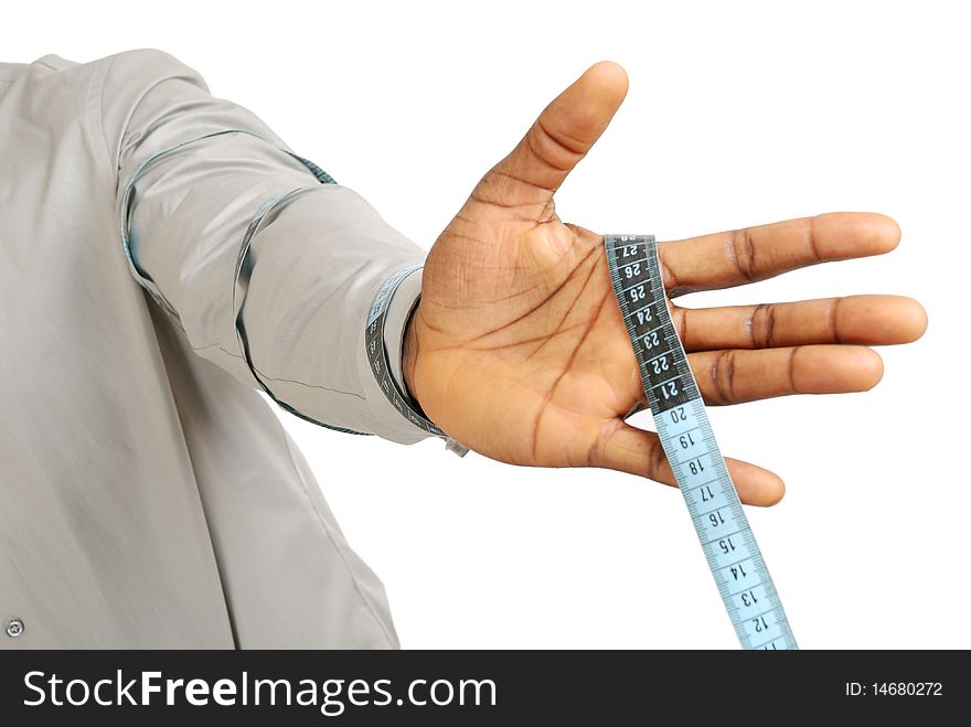 Black business man wearing a measuring tape