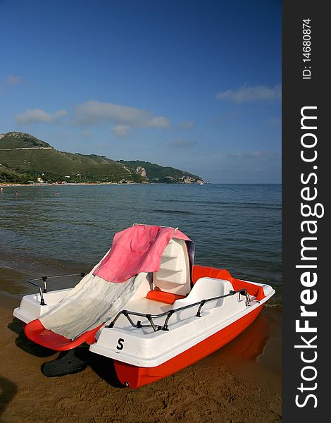 Pedalo on the beach with landscape