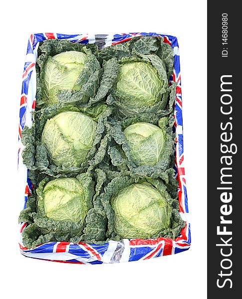 A Display Box of British Cabbage Vegetable Heads. A Display Box of British Cabbage Vegetable Heads.