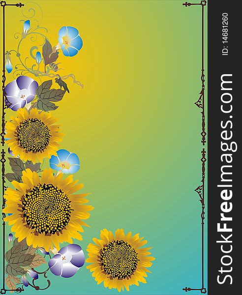 Illustration with yellow sunflowers on light background. Illustration with yellow sunflowers on light background