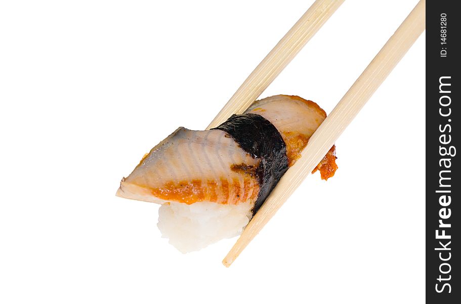 Macro photo of sushi and chopsticks isolated on white background. Macro photo of sushi and chopsticks isolated on white background