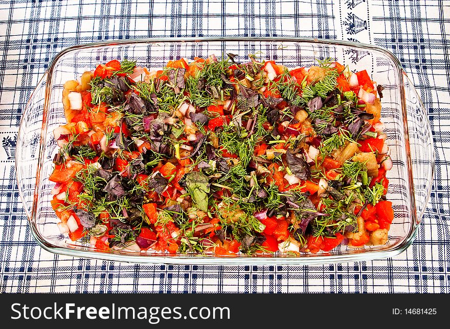 Salad from baked vegetables and greens. Salad from baked vegetables and greens