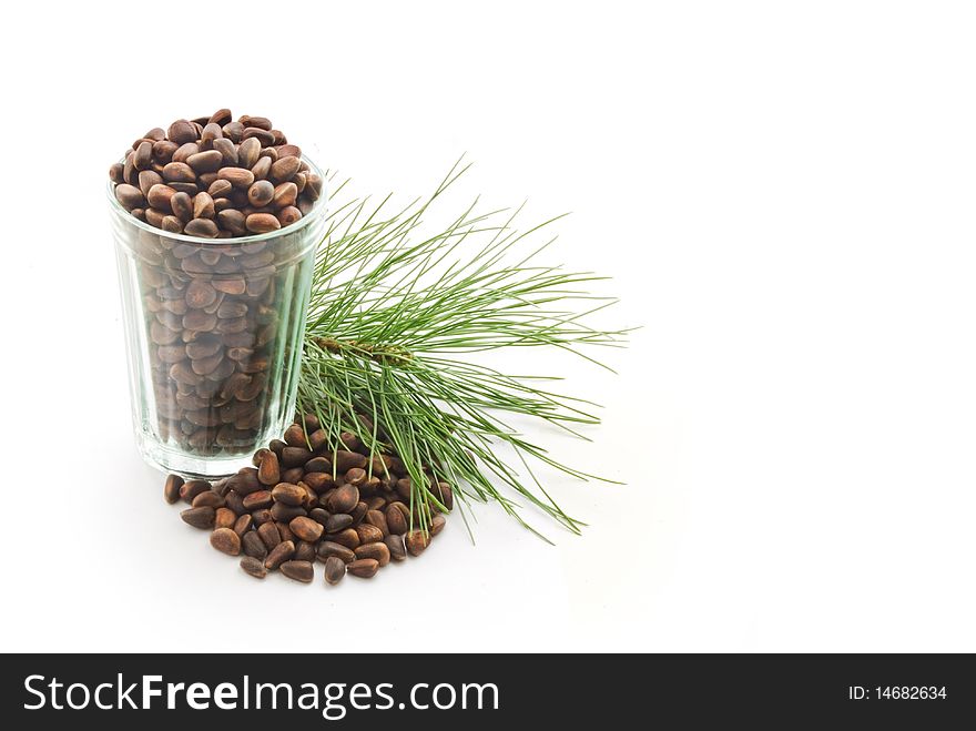 Glass with cedar nutlets on a white background