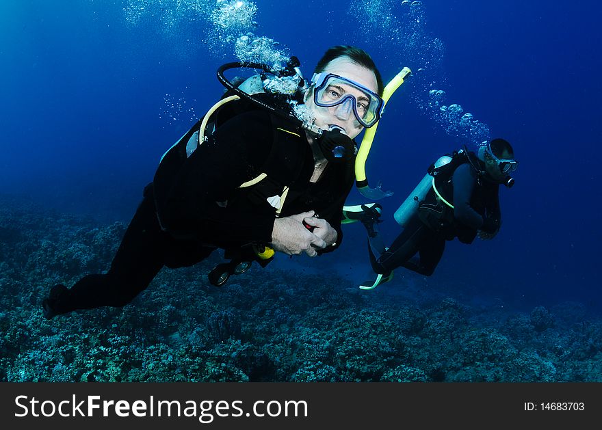 Two scuba divers having fun on a dive. Two scuba divers having fun on a dive