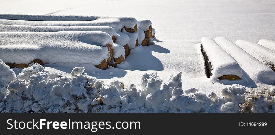 Pile of wood in snow