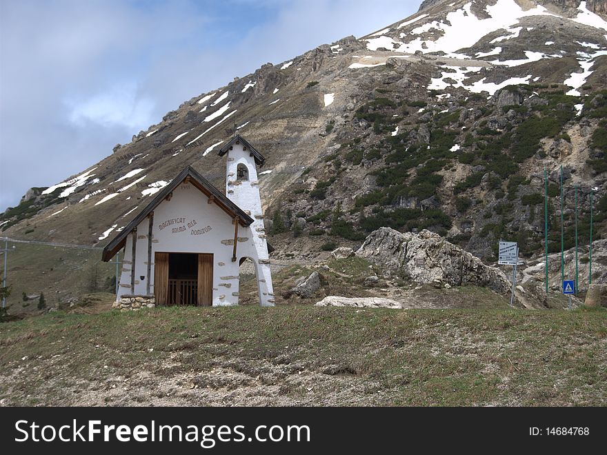 Small white chapel at Falzarego mountain pass. Small white chapel at Falzarego mountain pass