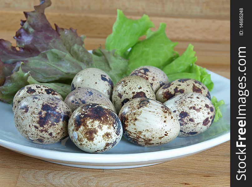 Boilded quail eggs garnished with lettuce on plate. Boilded quail eggs garnished with lettuce on plate