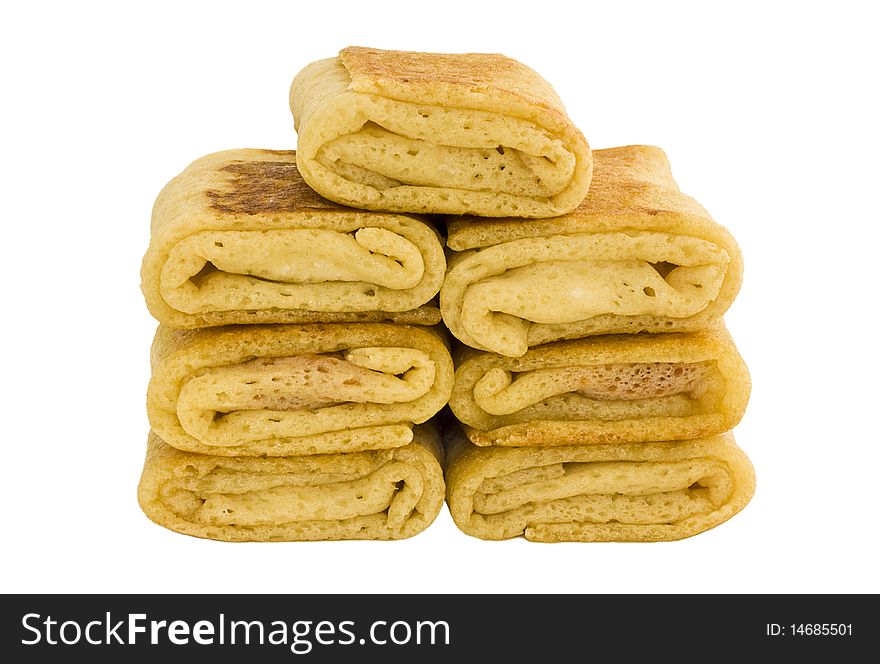 Stuffed pancakes on white background