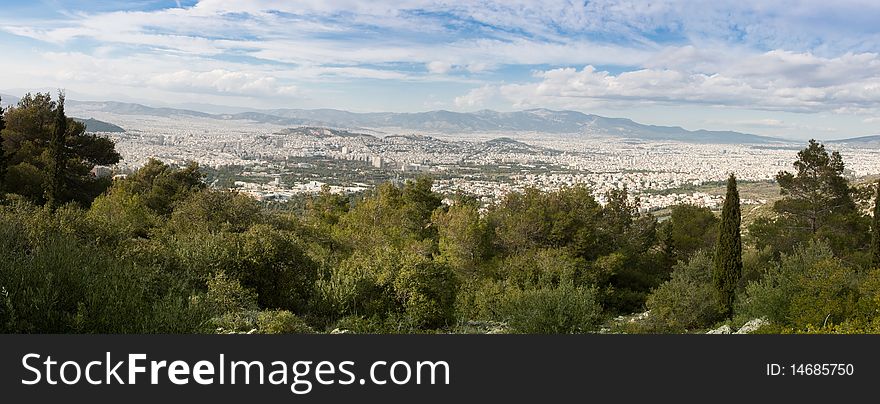 Panoramic view of Athens seen from Ymithos Mountain, Greece