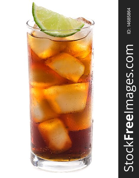 Alcoholic cocktail  with lime on white background