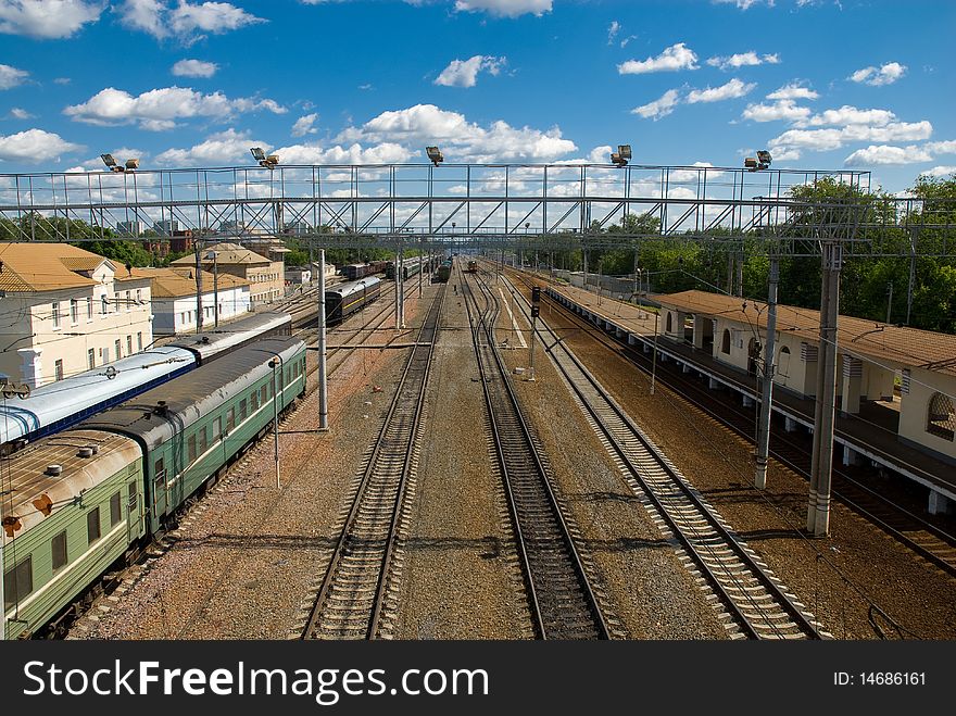 Railway station in the city of Moscow. Sunny day.