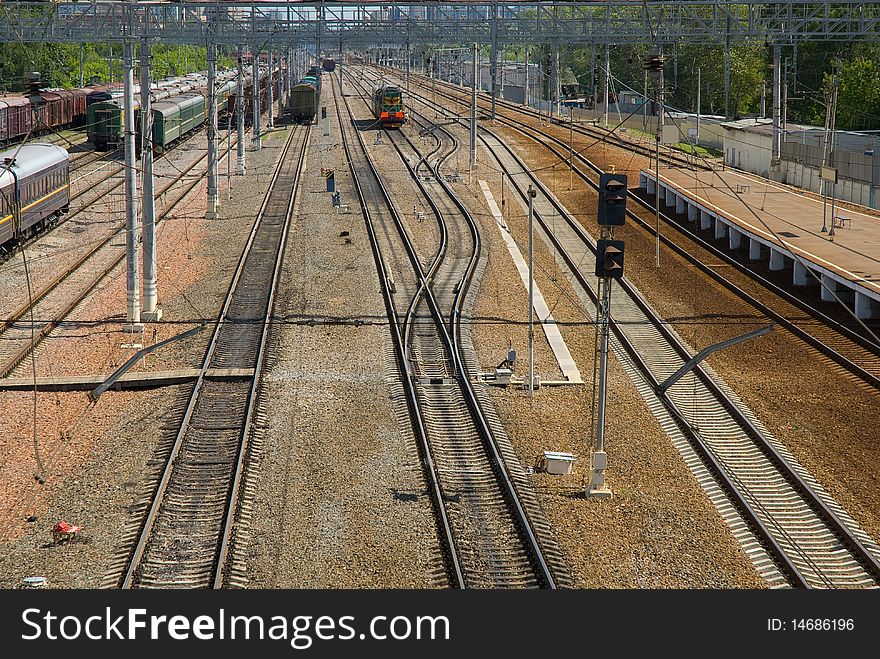 Railway station in the city of Moscow. Sunny day.