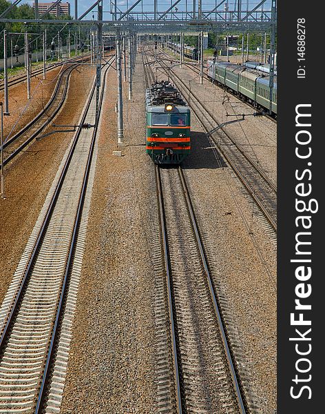 Railway station in the city of Moscow. Sunny day.