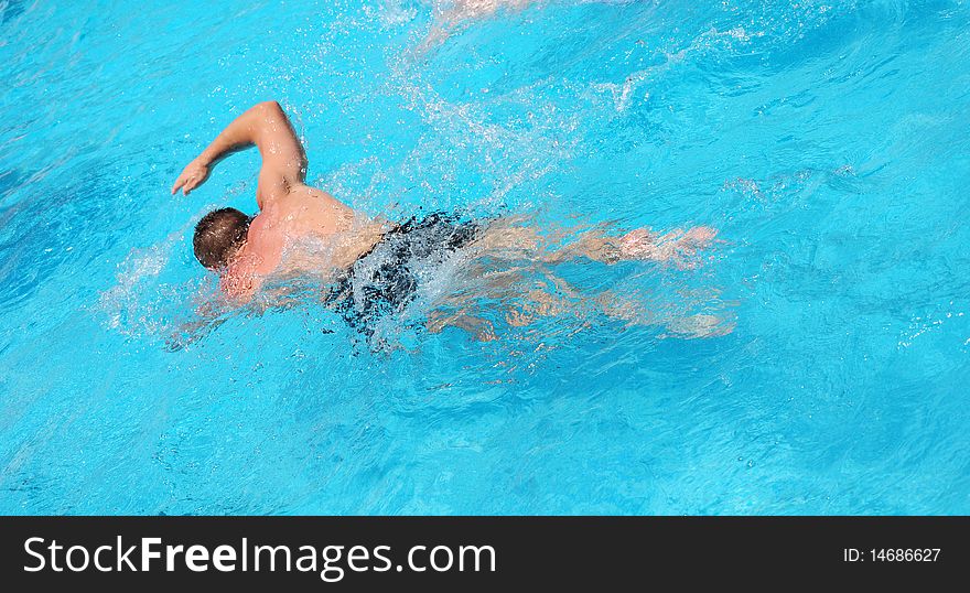 Man swims freestyle in the pool. Man swims freestyle in the pool