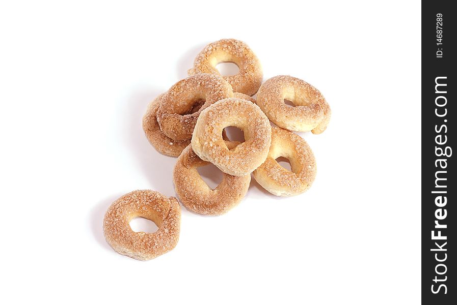 Round Cookies Strewed By Sugar Isolated On White