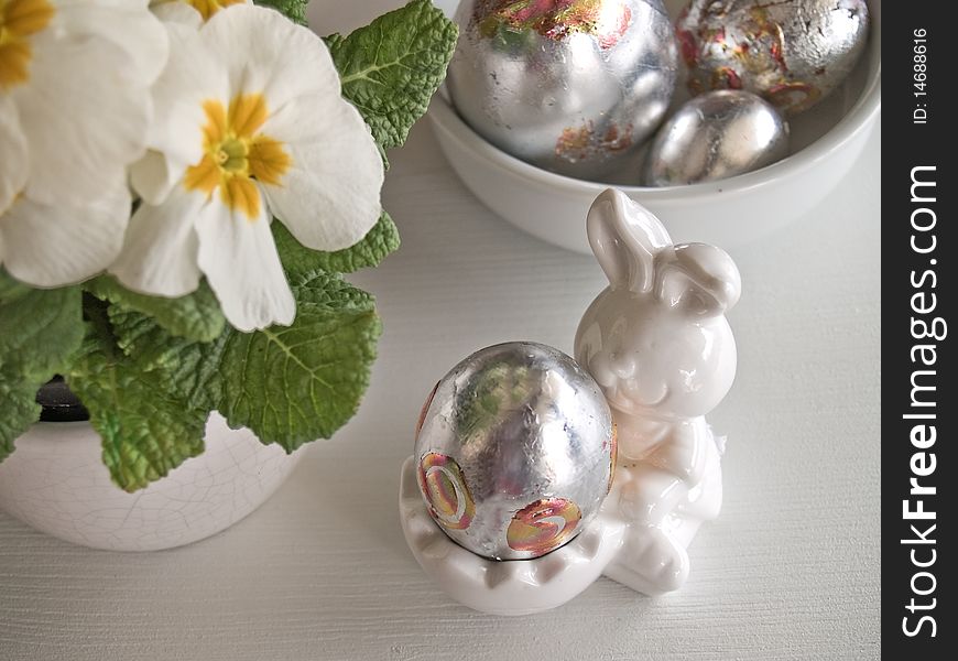 Decorated silver eggs at easter table