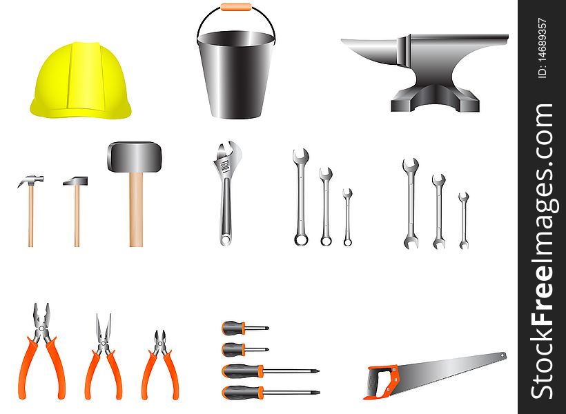 Set of necessary tools for the worker isolated over white