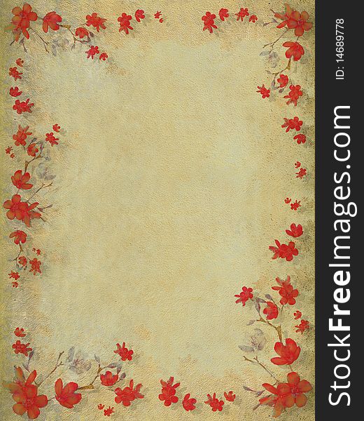 Red blossom flower border on textured light background