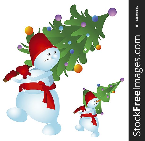 Two snowmen are a festive Christmas tree on a white background. Two snowmen are a festive Christmas tree on a white background
