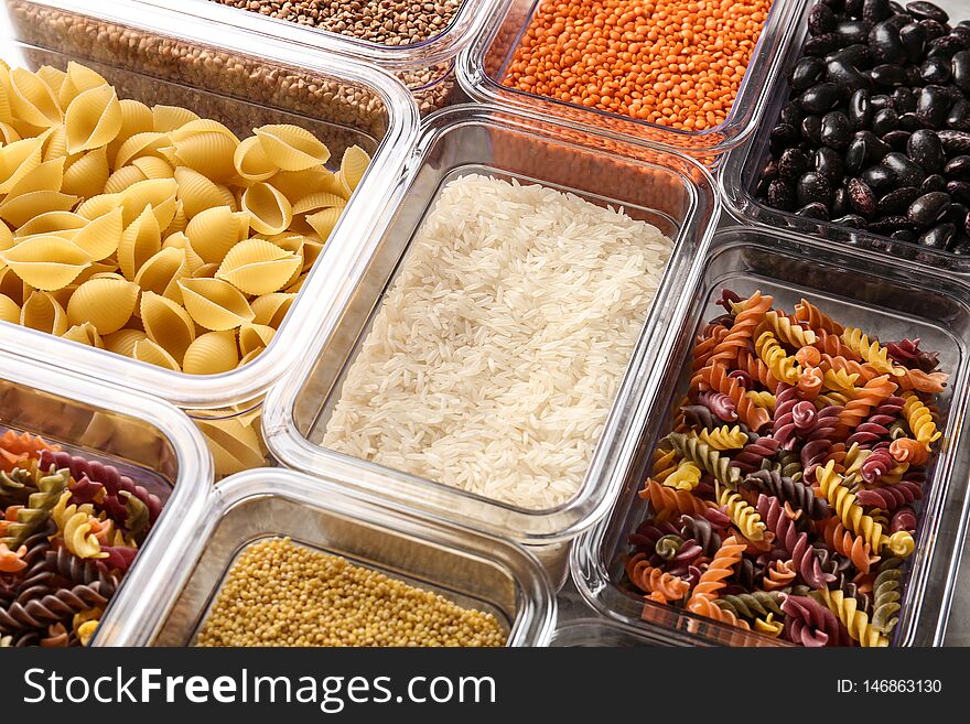 Many boxes with different raw food, closeup