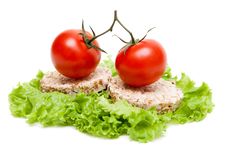 Two Ripe Tomatoes And Small Loaf Of Bread Royalty Free Stock Images Two Ripe Tomatoes And Small Loaf Of Bread Royalty Free Stock Images