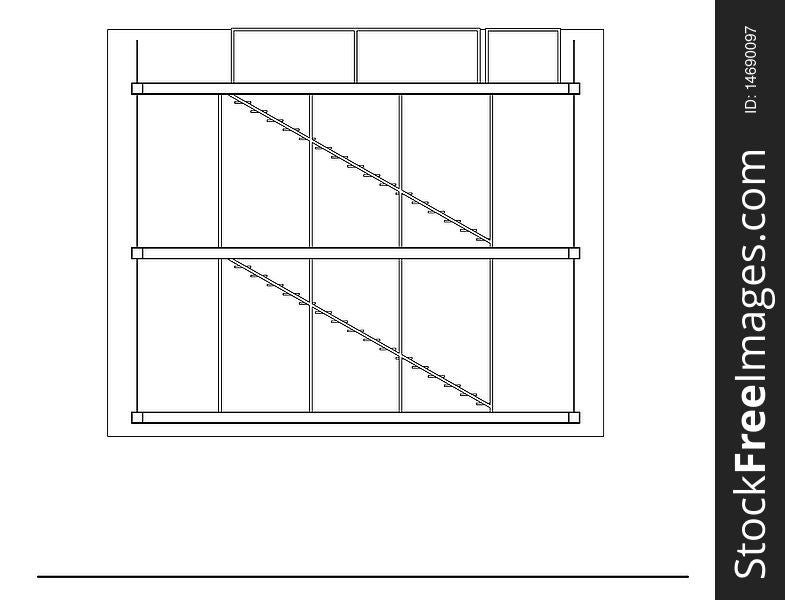 A section of architectural drawing showing stairs and glass. A section of architectural drawing showing stairs and glass
