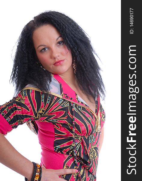 Photograph showing pretty young woman in colorful dress isolated. Photograph showing pretty young woman in colorful dress isolated