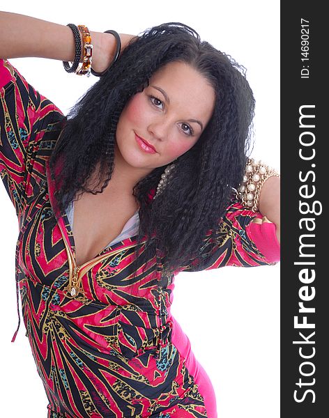 Photograph showing pretty young woman in colorful dress isolated. Photograph showing pretty young woman in colorful dress isolated