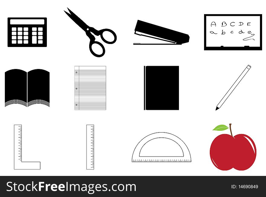 A set of school supply s such as calculator, scissors, white board and a shiny red apple. A set of school supply s such as calculator, scissors, white board and a shiny red apple.