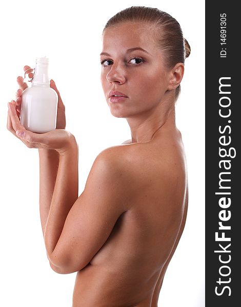 Woman care about her body with moisturizing cream. Woman care about her body with moisturizing cream