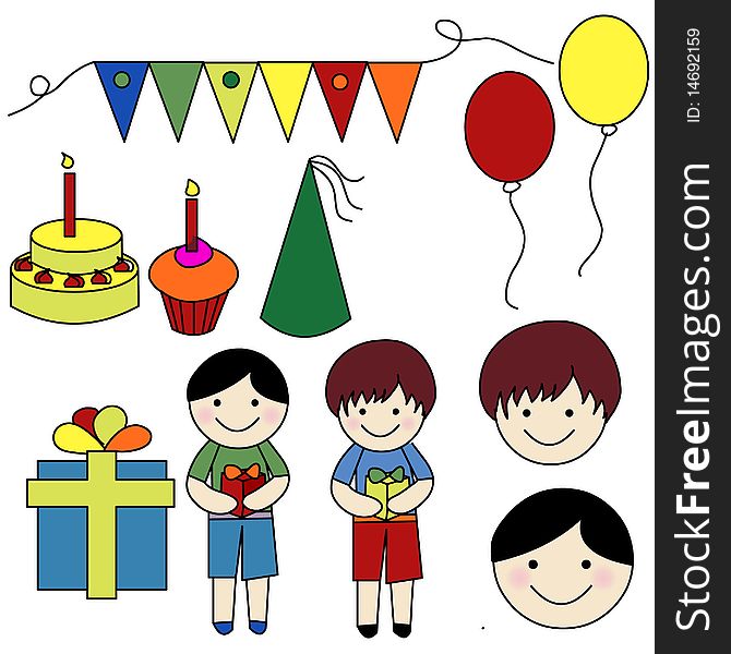 A vector illustration set of party decorations including balloons, cake, candle, gifts, cupcake, hat, characters and heads. A vector illustration set of party decorations including balloons, cake, candle, gifts, cupcake, hat, characters and heads