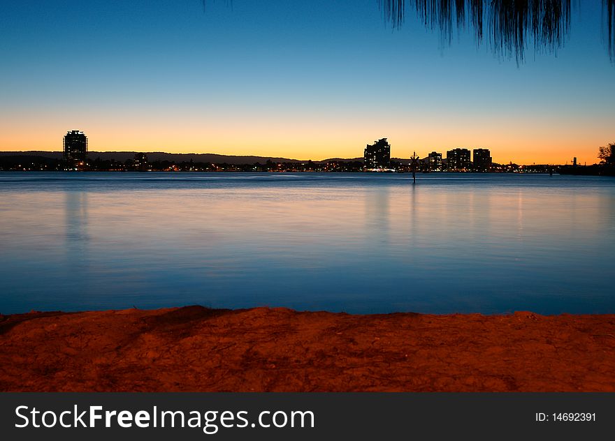 Evening light effect, sky, river and beach rich colour glow. Evening light effect, sky, river and beach rich colour glow.