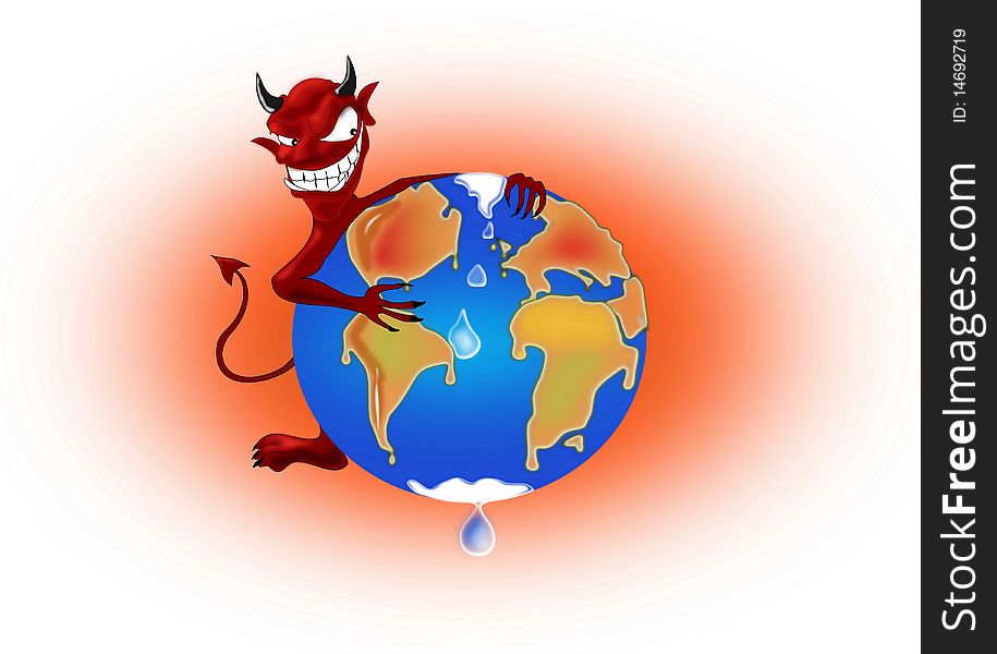 Illustration of a snickering devil holding planet earth in his arms and watching it melting. Illustration of a snickering devil holding planet earth in his arms and watching it melting