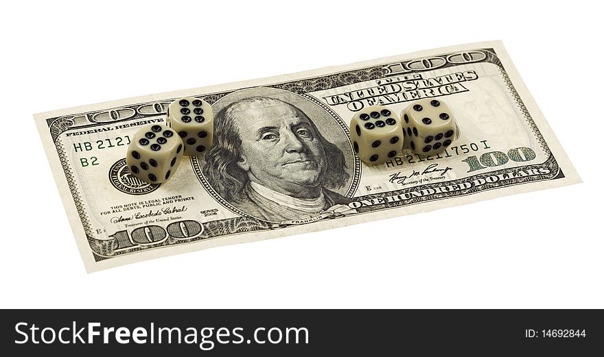Dollars and Dice,isolated on white with clipping path.
