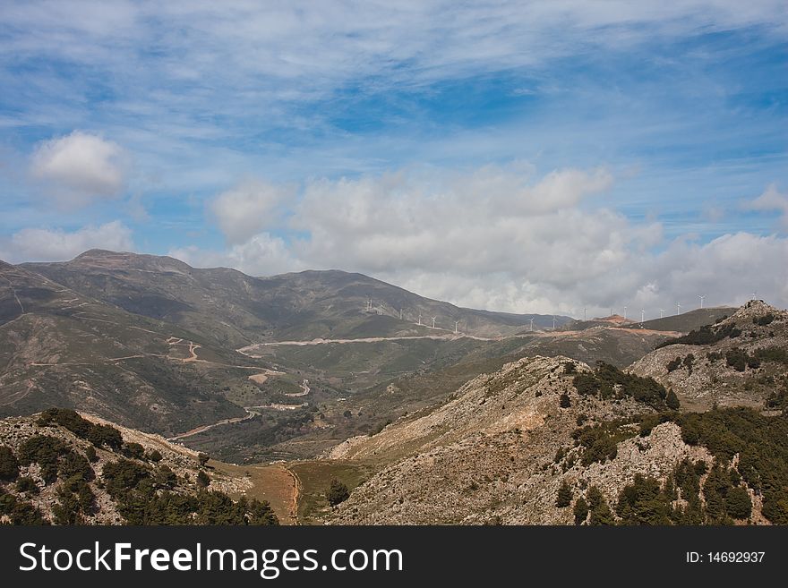 Landscape of an eolian farm in Crete, Greece