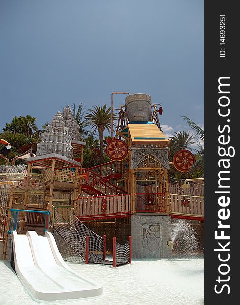 The lost city attraction in the water park. Spain, Tenerife