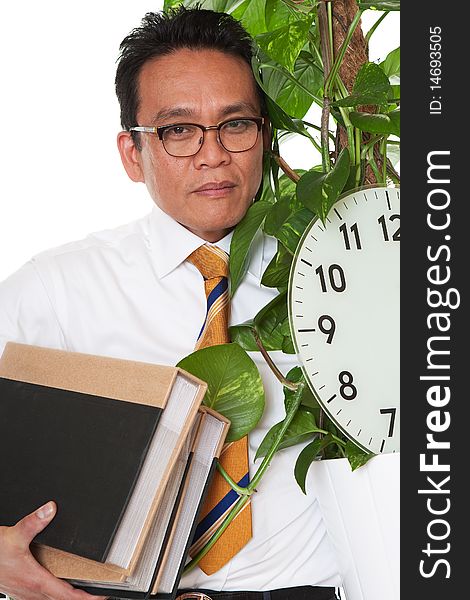 Job leave, manager carry flowering pot plant, clock and acts before white background