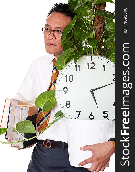Job leave, manager carry flowering pot plant, clock and acts before white background