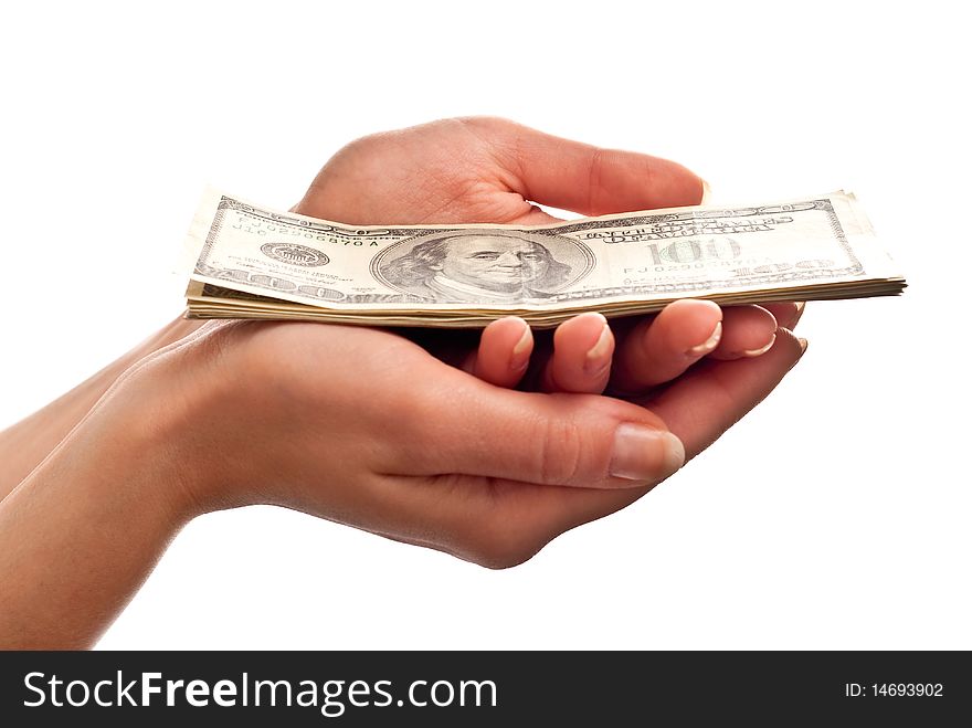 Money on woman's hand isolated on white background. Money on woman's hand isolated on white background