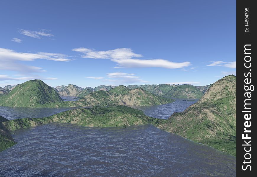 A computer generated mountain lake view