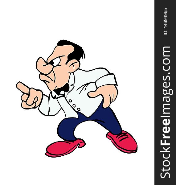 A cartoon drawing of an angry waiter pointing.