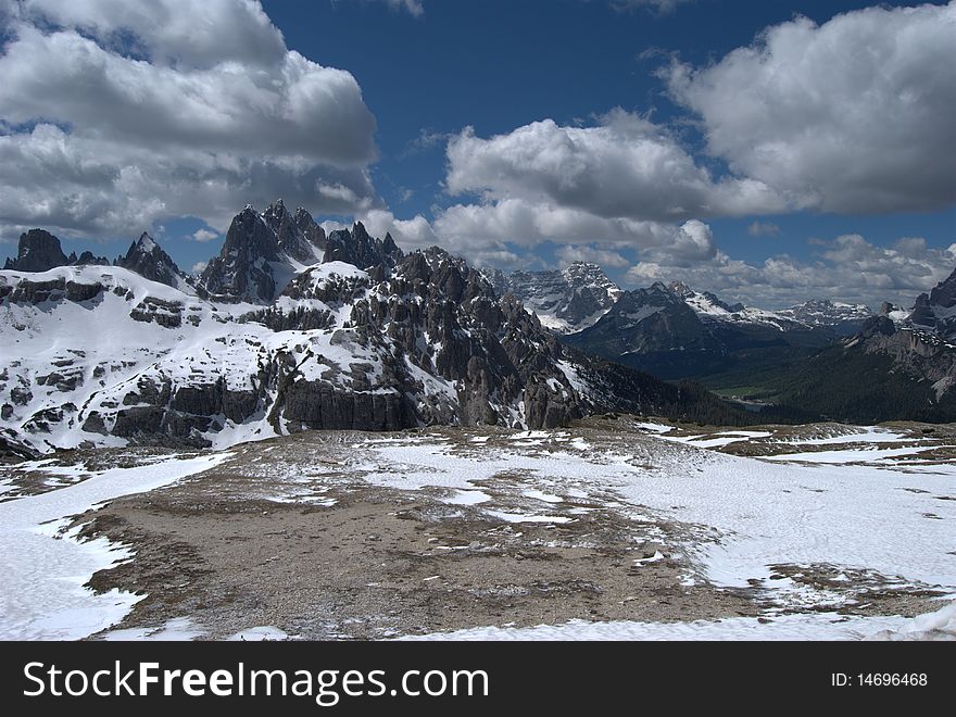 Dolomites, snow and clouds in northern Italy